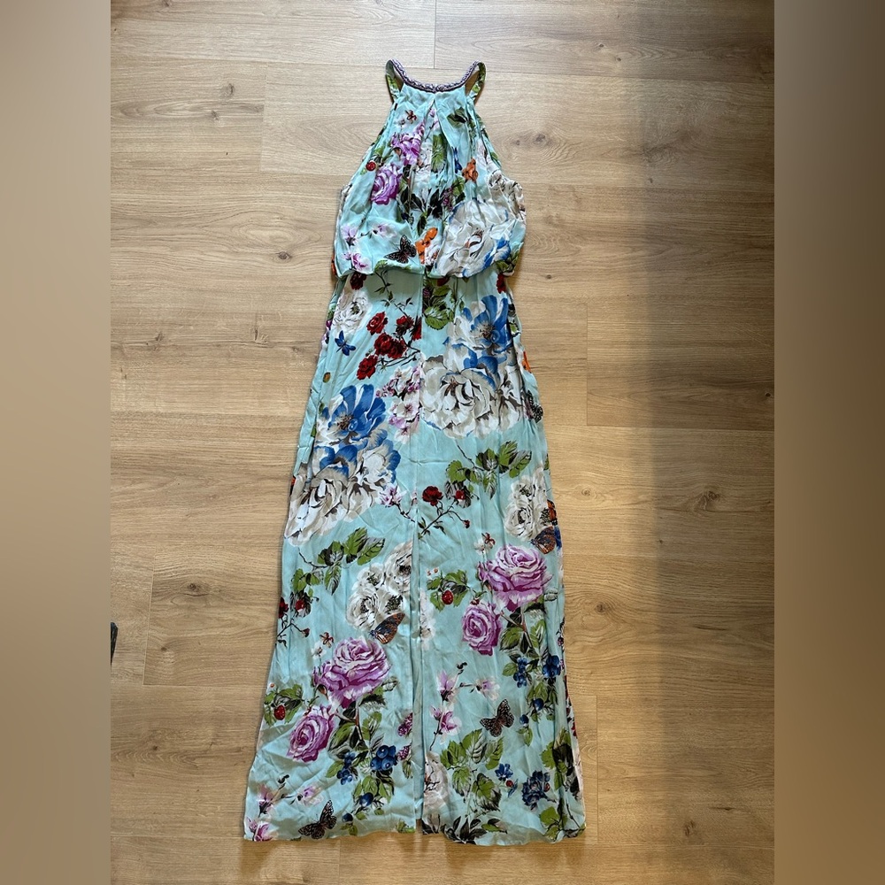 Derhy Paris Boho Floral Maxi Dress M Bird Print Cottagecore Halter Summer - Picture 3 of 9